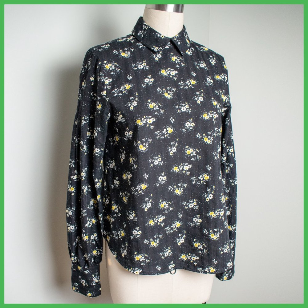 Black Floral Button Cotton Poplin Top W/ Puff Long Sleeve Floral Blouse